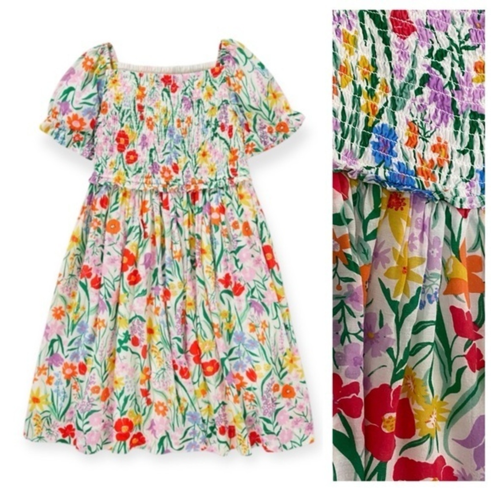 Mini Boden Colorful Smocked Floral Print Dress 7